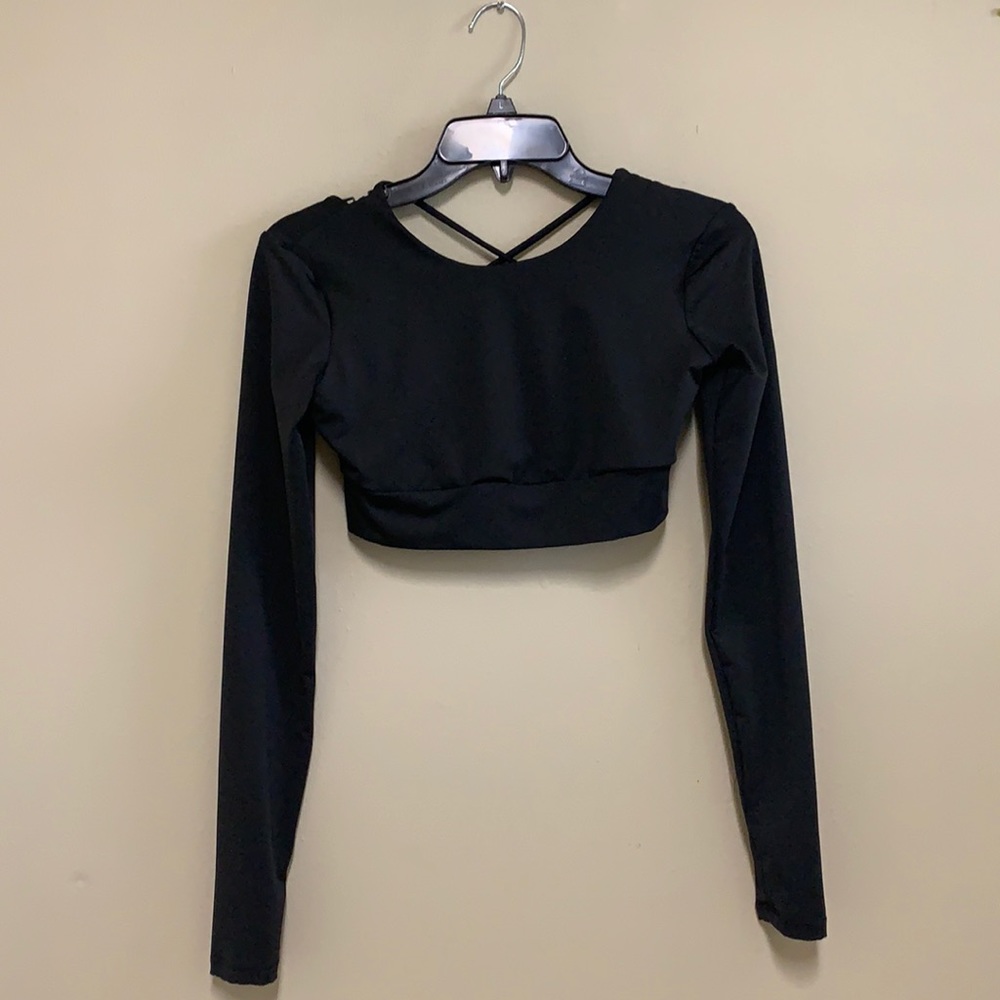 SHEIN Black Long Sleeve Cropped Black Criss-Cross Back Top. Small